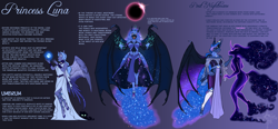 Size: 4631x2150 | Tagged: safe, artist:blackblood-queen, nightmare moon, princess luna, tantabus, alicorn, bat pony, bat pony alicorn, anthro, unguligrade anthro, g4, alternate design, armor, bat wings, claws, clothes, colored hooves, colored wings, crown, cuffs (clothes), curved horn, dark background, dress, ear tufts, eclipse, ethereal hair, ethereal mane, ethereal tail, fangs, female, gradient background, gradient legs, gradient wings, headcanon, helmet, horn, implied princess celestia, implied starswirl, jewelry, lore, lunar eclipse, magic, mare, open mouth, ponytail, purple background, regalia, sharp teeth, simple background, slit pupils, smiling, sparkly mane, sparkly tail, sparkly wings, starry mane, starry tail, tail, teeth, text, tiara, toga, wing claws, winged anthro, wings