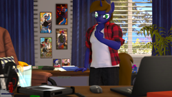 Size: 3840x2160 | Tagged: safe, artist:kowalskicore, oc, oc:galahad lazuli, anthro, 3d, computer, flannel shirt, glasses, high res, laptop computer, male, office, solo, source filmmaker, standing