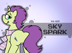 Size: 800x592 | Tagged: safe, artist:soupafterdark, oc, oc only, oc:sky spark, pony, unicorn, banned from equestria daily, butt, clothes, commissioner:dhs, featureless crotch, female, gradient background, looking back, looking over shoulder, plot, raised tail, rear view, scarf, smiling, smirk, solo, splash art, striped scarf, style emulation, tail, text, ya got