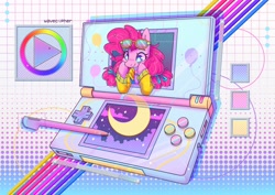Size: 2048x1448 | Tagged: safe, artist:wavecipher, pinkie pie, earth pony, pony, g4, breaking the fourth wall, clothes, console, game console, hand held console, jacket, nintendo, nintendo ds, smiling, solo, stylus, sunglasses, sunglasses on head, synthwave