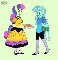 Size: 3010x3092 | Tagged: safe, artist:jowyb, bon bon, lyra heartstrings, sweetie drops, earth pony, unicorn, anthro, plantigrade anthro, g4, bracelet, breasts, clothes, cookie, dress, female, food, green background, high res, jewelry, lime background, necklace, puffy sleeves, purse, shoes, shorts, simple background, smiling