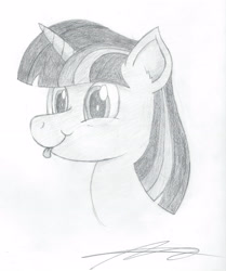 Size: 4367x5236 | Tagged: safe, artist:the-intelligentleman, twilight sparkle, pony, unicorn, g4, absurd resolution, bust, female, mare, monochrome, portrait, signature, simple background, solo, tongue out, traditional art, unicorn twilight, white background