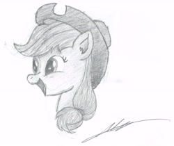Size: 7272x6100 | Tagged: safe, artist:the-intelligentleman, applejack, earth pony, pony, g4, absurd resolution, bust, cowboy hat, female, hat, mare, monochrome, open mouth, portrait, signature, simple background, smiling, solo, stetson, traditional art, white background