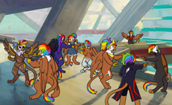 Size: 640x392 | Tagged: safe, artist:ghoul--doodle, oc, oc:nightmare rainbow feather, oc:rainbow feather, cyborg, griffon, hippogriff, robot, 60s spider-man, alternate timeline, alternate universe, clothes, cowboy hat, female, grifficorn, griffon oc, group, hat, interspecies offspring, magical lesbian spawn, medic, meme, ninja, offspring, older, opinicus, parent:gilda, parent:rainbow dash, parents:gildash, pointing, princess, scared, self paradox, self ponidox, spider-man points at spider-man, spider-man: across the spider-verse
