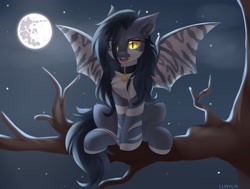 Size: 4096x3093 | Tagged: oc name needed, safe, artist:lunylin, oc, oc only, bat pony, pony, bat pony oc, bat wings, cheek fluff, chest fluff, collar, commission, ear fluff, fangs, full moon, high res, mare in the moon, moon, night, night sky, open mouth, outdoors, perching, pet tag, sitting, sky, slit pupils, solo, spread wings, stars, tail, tree, tree branch, wings