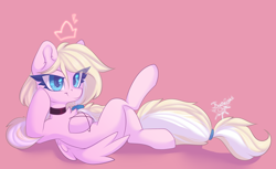 Size: 3106x1897 | Tagged: safe, artist:jsunlight, oc, oc only, oc:marshmallow bombshell, pegasus, pony, blonde hair, blonde tail, blue eyes, bracelet, choker, crossed legs, ear fluff, eyelashes, feathered wings, female, fluffy hair, fluffy mane, fluffy tail, folded wings, full body, hair ribbon, high res, hoof on chest, jewelry, long eyelashes, long hair, looking at you, lying, lying down, mare, multicolored hair, multicolored mane, multicolored tail, on back, pegasus oc, pegasus wings, pigtails, pink background, pink coat, ribbon, shadow, signature, simple background, smiling, smirk, solo, striped hair, striped mane, striped tail, tail, thick eyelashes, two toned hair, two toned mane, two toned tail, white hair, white tail, wings