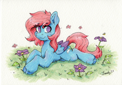 Size: 2096x1479 | Tagged: safe, artist:dandy, oc, oc only, oc:cyan sunshine, bee, butterfly, insect, pegasus, pony, artfight, copic, ear fluff, eye clipping through hair, eyebrows, eyebrows visible through hair, female, flower, grass, looking at you, lying down, pegasus oc, solo, traditional art, unshorn fetlocks