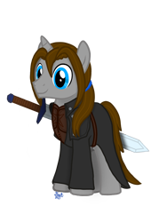 Size: 1836x2448 | Tagged: safe, artist:twiny dust, derpibooru exclusive, oc, oc only, oc:dust, pony, unicorn, armor, digital art, duster, duster coat, fake leather, leather, leather armor, male, ponytail, simple background, solo, stallion, sword, transparent background, weapon