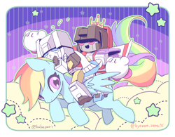 Size: 1000x781 | Tagged: safe, artist:きゃらられな, rainbow dash, pegasus, pony, robot, g4, crossover, crown, female, flying, jewelry, kirby, kirby (series), mare, regalia, riding, riding a pony, silverbolt, smiling, stars, starscream, transformers, trio