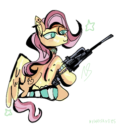 Size: 500x500 | Tagged: safe, artist:nightskyees, fluttershy, pegasus, pony, g4, 30 minute art challenge, bracelet, choker, clothes, female, fluffy, gun, jewelry, mare, piercing, rifle, simple background, sniper rifle, socks, solo, stars, striped socks, weapon, white background