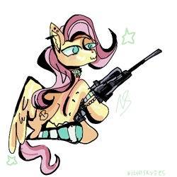 Size: 500x500 | Tagged: safe, artist:nightskyees, fluttershy, pegasus, pony, g4, 30 minute art challenge, bracelet, choker, chokershy, clothes, female, fluffy, gun, jewelry, mare, piercing, rifle, simple background, sniper rifle, socks, solo, stars, striped socks, weapon, white background