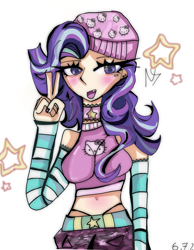 Size: 3500x4500 | Tagged: safe, artist:nightskyees, starlight glimmer, human, equestria girls, g4, arm warmers, beanie, breasts, choker, ear piercing, hair, hat, hello kitty, humanized, nail polish, nails, panties, piercing, simple background, solo, stars, stripes, tank top, thong, underwear