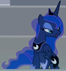 Size: 550x595 | Tagged: safe, screencap, princess luna, alicorn, pony, g4, horse play, season 8, bedroom eyes, concave belly, cropped, crown, ethereal mane, ethereal tail, female, hoof shoes, jewelry, lidded eyes, mare, open mouth, open smile, peytral, princess shoes, raised hoof, regalia, seductive, seductive look, sexy, sitting, slender, smiling, solo, stupid sexy princess luna, tail, thin, turned head