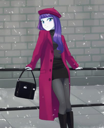 Size: 795x975 | Tagged: safe, artist:riouku, rarity, human, equestria girls, g4, alternate hairstyle, bag, bedroom eyes, beret, blushing, boots, clothes, coat, cute, eyeshadow, female, handbag, hat, makeup, raribetes, shoes, skirt, snow, snowfall, solo, stockings, sweater, thigh highs, winter