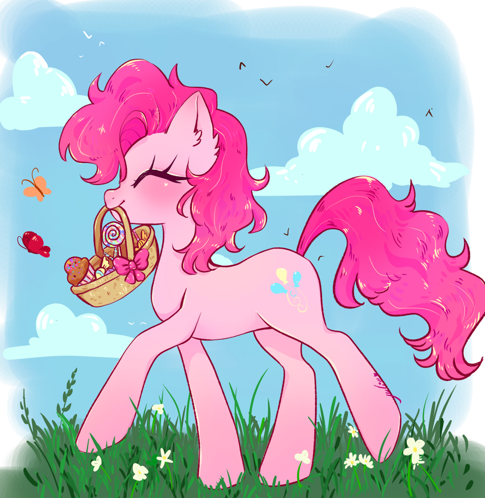 [alternate hairstyle,basket,butterfly,candy,cupcake,earth pony,eyes closed,flower,food,grass,happy,lollipop,mouth hold,pinkie pie,pony,safe,solo,short mane,smiling,artist:julieee3e]