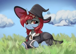 Size: 3500x2500 | Tagged: safe, artist:fv0003, oc, oc only, pony, unicorn, clothes, cloud, commission, eyebrows, female, grass, hat, high res, horn, looking at you, lying down, mare, outdoors, prone, sky, smiling, smiling at you, solo, unicorn oc