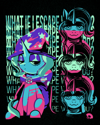 Size: 4800x6000 | Tagged: safe, artist:poxy_boxy, trixie, pony, unicorn, g4, absurd resolution, black background, design, lidded eyes, limited palette, looking at you, shirt design, simple background, sitting, smiling, smiling at you, solo, trans trixie, transgender