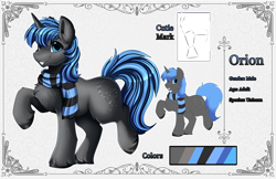 Size: 7210x4673 | Tagged: safe, artist:pridark, oc, oc only, oc:orion, pony, unicorn, chest fluff, clothes, reference sheet, scarf, solo, striped scarf