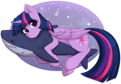 Size: 2845x1976 | Tagged: safe, artist:avrameow, twilight sparkle, alicorn, pony, shark, g4, blushing, blåhaj, cute, eyebrows, eyebrows visible through hair, female, folded wings, high res, horn, hug, looking at you, mare, plushie, shark plushie, signature, simple background, solo, transparent background, twiabetes, twilight sparkle (alicorn), wings, ych result