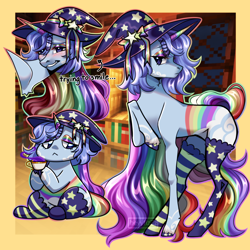 Size: 3000x3000 | Tagged: safe, artist:ohhoneybee, oc, oc only, pony, unicorn, :<, blushing, clothes, hat, high res, lidded eyes, multicolored hair, rainbow, rainbow hair, rainbow tail, raised hoof, socks, solo, tail, thigh highs, witch hat