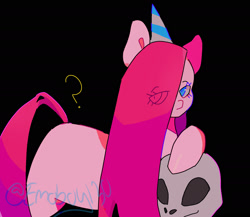 Size: 1885x1639 | Tagged: safe, artist:emoboy130, pinkie pie, earth pony, pony, g4, black background, eye clipping through hair, hat, party hat, pinkamena diane pie, question mark, simple background, skull, solo