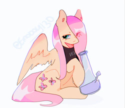 Size: 2048x1772 | Tagged: safe, artist:emoboy130, fluttershy, pegasus, pony, g4, bong, clothes, eye clipping through hair, flutterhigh, high, hoof hold, shirt, simple background, sitting, solo, spread wings, white background, wings