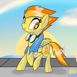 Size: 2000x2000 | Tagged: safe, artist:notadeliciouspotato, spitfire, pegasus, pony, g4, cloud, cute, cutefire, female, goggles, high res, mare, signature, smiling, solo, sun, swimming pool, towel, wet