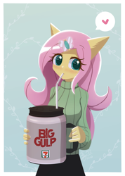 Size: 1000x1407 | Tagged: safe, artist:howxu, fluttershy, anthro, g4, 7-eleven, big gulp, blue background, blushing, brand, breasts, busty fluttershy, clothes, commission, cutie mark accessory, cutie mark hair accessory, drink, drinking, drinking straw, emoji, female, floating heart, hair accessory, heart, heart eyes, looking at you, mug, simple background, skirt, soda, solo, speech bubble, straw, sweater, this will end in diabetes, wide eyes, wingding eyes