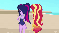 Size: 600x338 | Tagged: safe, artist:a giant woman, sci-twi, sunset shimmer, twilight sparkle, human, equestria girls, g4, angry, animated, duo, duo female, female, giantess, gif, growth, macro