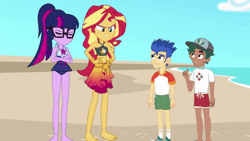 Size: 600x338 | Tagged: safe, artist:a giant woman, flash sentry, sci-twi, sunset shimmer, timber spruce, twilight sparkle, human, equestria girls, g4, animated, female, giantess, gif, growth, larger female, macro, male, shrinking, size difference, smaller male