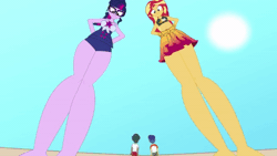 Size: 600x338 | Tagged: safe, artist:a giant woman, flash sentry, sci-twi, sunset shimmer, timber spruce, twilight sparkle, human, equestria girls, g4, animated, feet, female, fetish, foot fetish, gif, male, micro, shrinking, soles, threatening