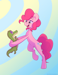 Size: 2700x3500 | Tagged: safe, artist:yarugreat, gummy, pinkie pie, alligator, earth pony, pony, g4, belly, bipedal, dancing, high res, looking at each other, looking at someone, smiling, solo