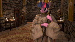 Size: 3840x2160 | Tagged: safe, artist:fireemerald123, tree of harmony, twilight sparkle, anthro, g4, 3d, armor, banner, book, candle, carpet, castle, chandelier, clothes, female, guard, halberd, high res, polearm, robes, scroll, solo, source filmmaker, staff, sæla, watermark, weapon