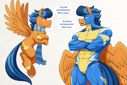 Size: 2337x1577 | Tagged: safe, artist:ponyanony, oc, oc only, oc:lightning rider, pegasus, pony, anthro, abs, anthro oc, anthro ponidox, biceps, clothes, crossed arms, deltoids, dialogue, duo, male, muscles, muscular male, pecs, pegasus oc, scarf, self paradox, self ponidox, speech bubble, stallion, thighs, thunder thighs, uniform, wonderbolts uniform