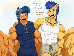 Size: 2065x1570 | Tagged: safe, artist:ponyanony, flash sentry, oc, oc:lightning rider, pegasus, anthro, g4, anthro oc, biceps, clothes, deltoids, dialogue, duo, looking at you, male, muscles, muscular male, pecs, pegasus oc, speech bubble, stallion, talking to viewer