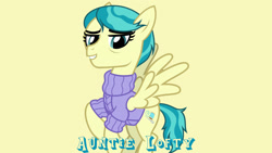 Size: 1920x1080 | Tagged: safe, artist:cheezedoodle96, edit, editor:jaredking779, auntie lofty, pegasus, pony, g4, clothes, female, flying, mare, simple background, solo, spread wings, sweater, wings, yellow background