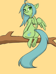 Size: 810x1080 | Tagged: safe, artist:cloud-up, oc, oc only, oc:cloud-up, pegasus, pony, butt, in a tree, orange background, plot, rear view, simple background, solo, tree, tree branch