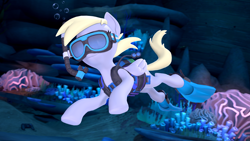 Size: 3840x2160 | Tagged: safe, artist:owlpirate, derpy hooves, pegasus, pony, g4, 3d, 4k, bubble, coral, cute, dive mask, female, flippers (gear), folded wings, goggles, high res, mare, ocean, scuba gear, scuba tank, smiling, snorkel, snorkeling, solo, source filmmaker, swimming, underwater, water, wings