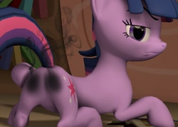 Size: 1277x908 | Tagged: safe, edit, twilight sparkle, pony, unicorn, g4, 3d, burned, burned butt, butt, close-up, featureless crotch, female, literal butthurt, mare, pain, plot, raised tail, smoke, source filmmaker, tail, twilight sparkle is not amused, unamused, unicorn twilight, we don't normally wear clothes