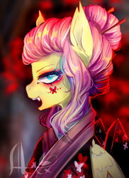 Size: 1280x1760 | Tagged: safe, artist:xalexdfx, fluttershy, pegasus, pony, g4, clothes, fangs, hair bun, kimono (clothing), lidded eyes, open mouth, satanic, solo, watermark