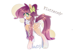 Size: 4200x3000 | Tagged: safe, artist:xalexdfx, fluttershy, pegasus, pony, g4, braid, butterfly hairpin, clothes, coat markings, facial markings, redesign, scarf, simple background, snip (coat marking), solo, transparent background