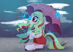 Size: 3000x2150 | Tagged: safe, artist:xalexdfx, oc, oc only, butterfly, pony, butterfly on nose, clothes, high res, insect on nose, rain, skirt, socks, solo, sweater, umbrella