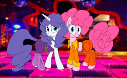 Size: 2386x1456 | Tagged: safe, artist:calmbreezes, pinkie pie, rarity, earth pony, pony, unicorn, g4, alternate hairstyle, belt, clothes, disco ball, disco dress, dress, duo, looking at you, pants, shirt