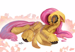 Size: 3852x2650 | Tagged: safe, artist:winpuss, fluttershy, pegasus, pony, g4, eyes closed, female, floppy ears, frog (hoof), high res, horseshoes, lying down, mare, on side, signature, simple background, solo, underhoof, white background