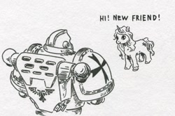 Size: 612x408 | Tagged: safe, artist:adeptus-monitus, izzy moonbow, human, pony, unicorn, g5, duo, hi new friend, monochrome, space marine, this will not end well, traditional art, warhammer 40k