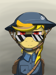Size: 1536x2048 | Tagged: source needed, safe, artist:soursweet cheese, oc, oc only, oc:soursweet cheese, earth pony, pony, bag, clothes, gradient background, helmet, military uniform, saddle bag, solo, sunglasses, uniform