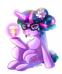Size: 1900x2250 | Tagged: safe, artist:yuris, sci-twi, twilight sparkle, pony, unicorn, g4, alternate hairstyle, chest fluff, chibi, coffee, equestria girls ponified, flower, flower in hair, glasses, magic, magic aura, open mouth, ponified, simple background, sitting, solo, telekinesis, unicorn sci-twi, white background