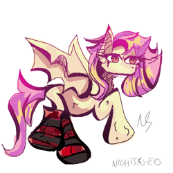 Size: 500x500 | Tagged: safe, artist:nightskyees, fluttershy, bat pony, pony, g4, 30 minute art challenge, bat ponified, bat wings, chest fluff, clothes, ear fluff, ear piercing, flutterbat, piercing, race swap, shading, simple background, socks, solo, striped socks, white background, wings