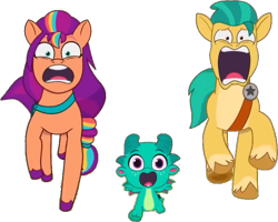 Size: 759x608 | Tagged: safe, edit, edited screencap, editor:pascalmulokozi2, screencap, hitch trailblazer, sparky sparkeroni, sunny starscout, dragon, earth pony, pony, filly filling, g5, my little pony: tell your tale, spoiler:g5, spoiler:my little pony: tell your tale, spoiler:tyts01e33, baby, baby dragon, background removed, female, male, mane stripe sunny, not a vector, one of these things is not like the others, panic, panicking, running, scared, screaming, simple background, smiling, stallion, transparent background, trio