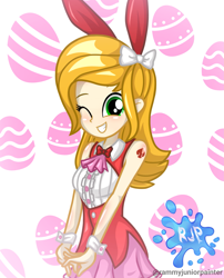 Size: 2015x2490 | Tagged: safe, artist:rjp.rammy, oc, oc only, oc:selena montana, human, equestria girls, g4, bare shoulders, bunny ears, clothes, female, high res, one eye closed, sleeveless, solo, wink